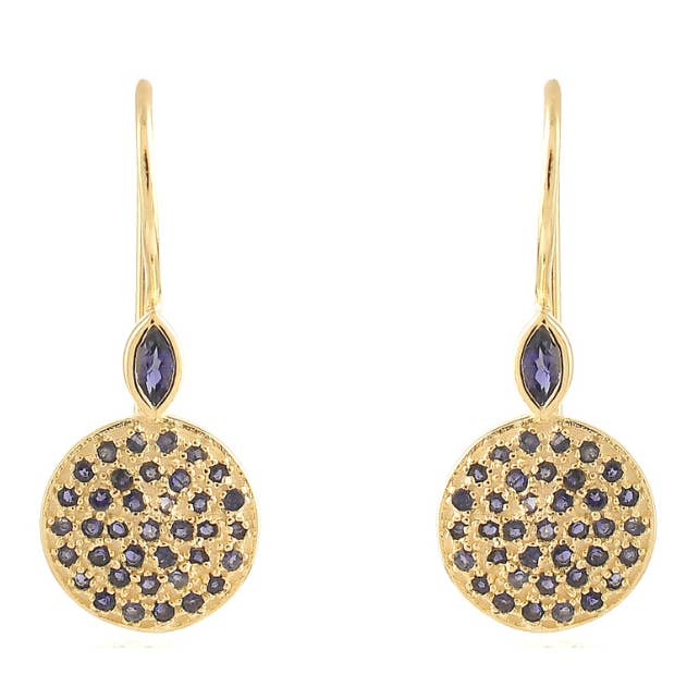 Iolite Disc Drop Gemstone Earrings for wholesale by POMEGRANATE