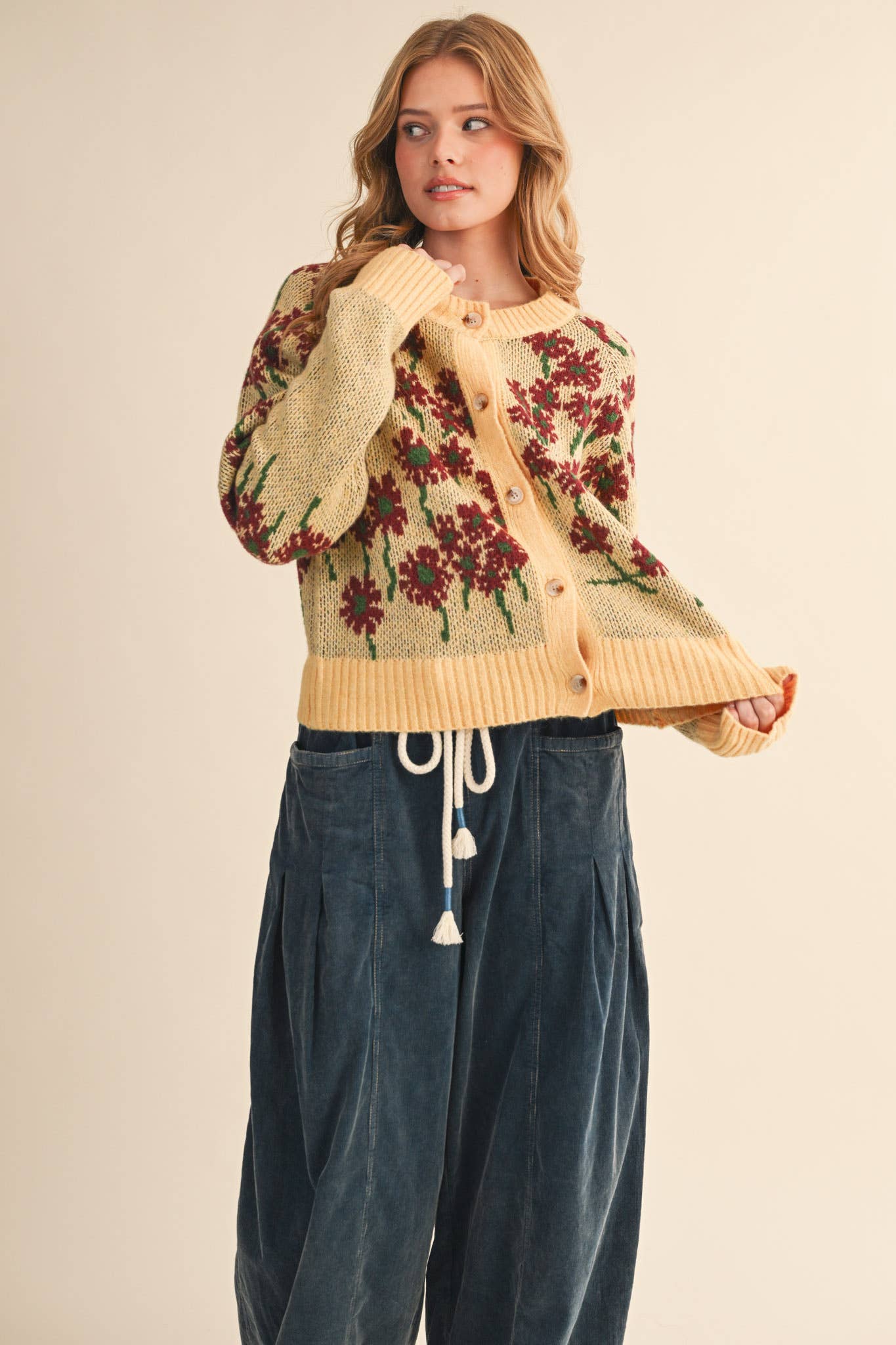 &MERCI - Wholesale Cardigan - Women's - FLORAL KNIT BUTTON DOWN SWEATER CARDIGAN MSW1123822