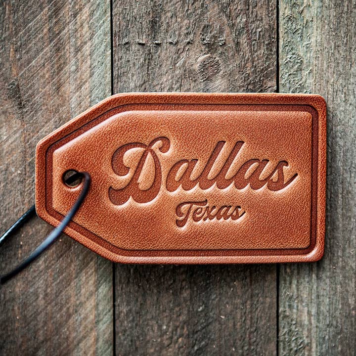 Dallas Texas Script Leather Luggage Tag for wholesale by Sugarhouse Leather