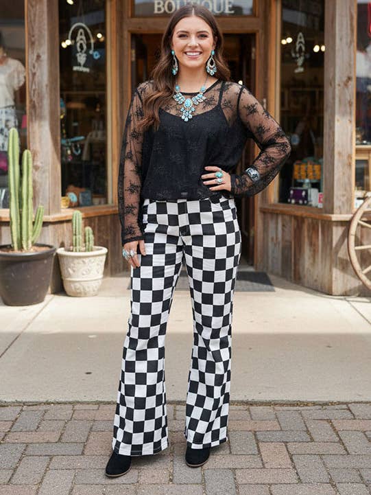Checkered cotton denim flare legs women pant XCH16817 for wholesale by luluclothes
