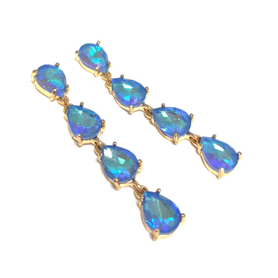 StarryNYC - Wholesale Dangle Earrings - Glass Stone Teardrop 4 Link Iridescent Crystal Earrings6
