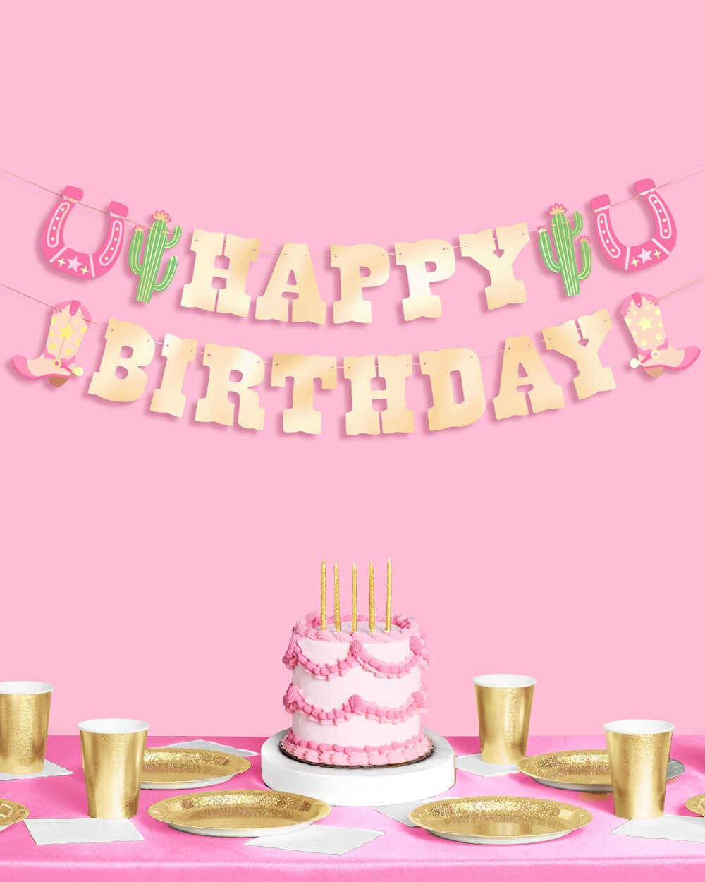 xo, Fetti - Wholesale Party Sign/Banner - HBD Cowgirl Banner - gold foil banner, pink western birthday, western, rodeo