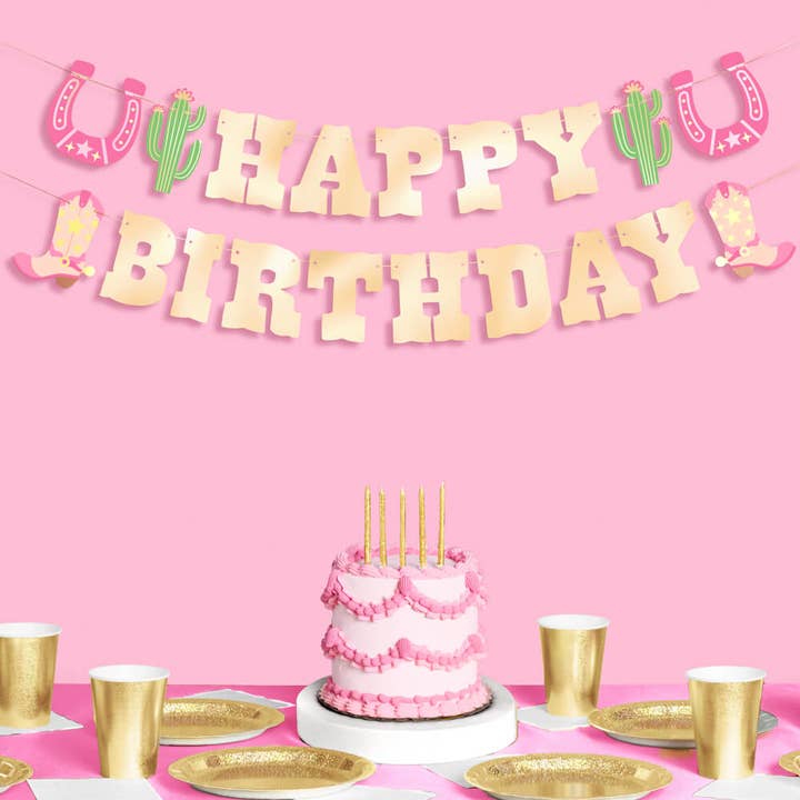 xo, Fetti - Wholesale Party Sign/Banner - HBD Cowgirl Banner - gold foil banner, pink western birthday, western, rodeo0
