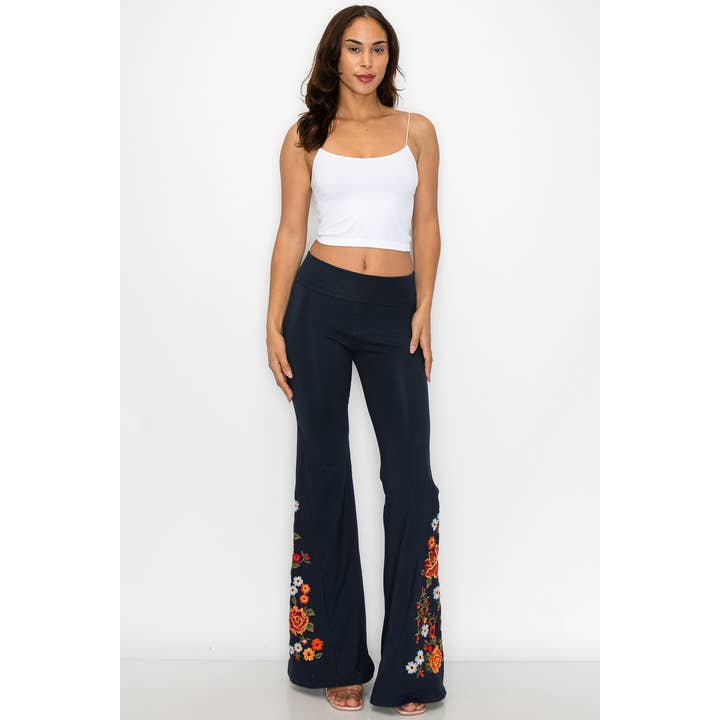 T-Party - Wholesale Pants - Women's - Floral Embroidery Flare Leg Foldover Waist Pants13