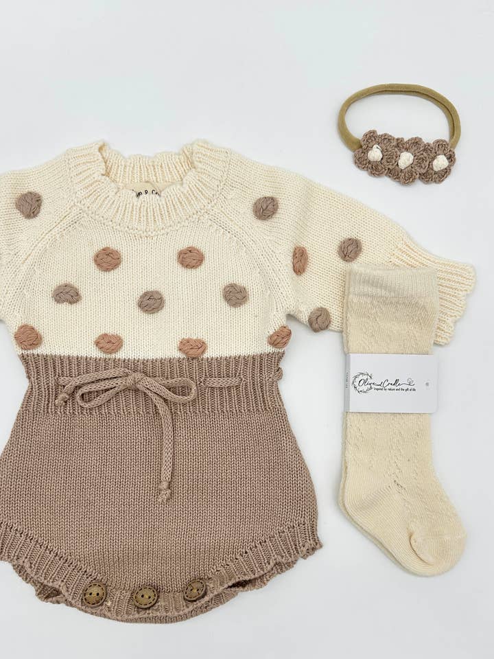 Lottie Dot Knit Romper – Cream Fog for wholesale by OLIVE & CRADLE