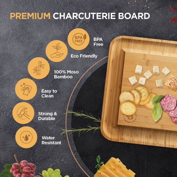Bambusi - Wholesale Cheese Board - Bamboo Charcuterie & Cheese Board Set with Cutlery Drawer