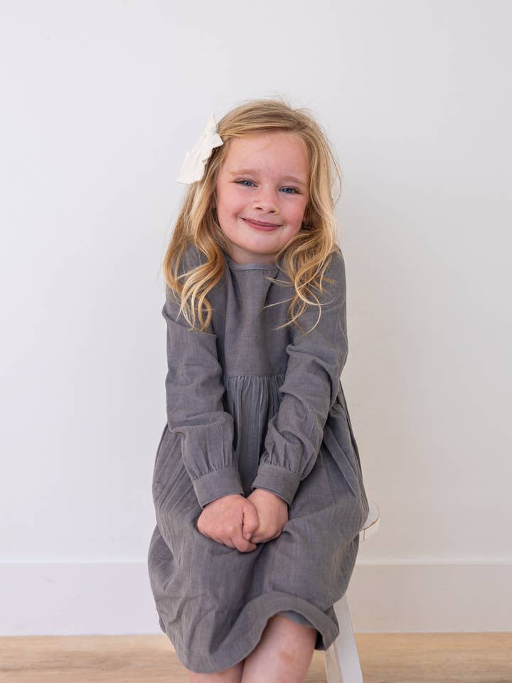 Grey Corduroy Solid Color Long Sleeves Gathered Dress for wholesale by Yo Baby