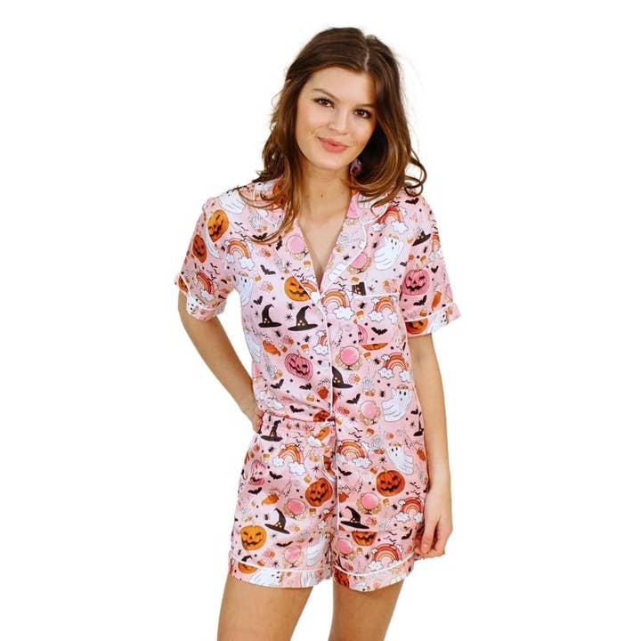Spooky Season Silky Satin Pajama Short Set for wholesale by Jane Marie