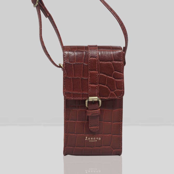 'PETRA' Rød skuldertaske til mobiltelefon i ægte krokodillepræget læder for engroshandel hos Assots London