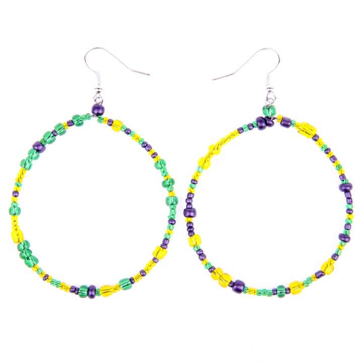 Seed Bead hoop earring 2 inch diameter Mardi Gras for wholesale by Erik & Mike