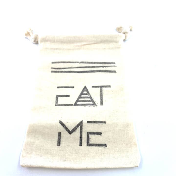 Hand Stamped, Eat Me, Cotton Drawstring Pouches 4" x 6" for wholesale by Sunsum Intentional Living