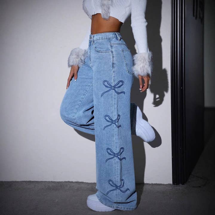 EmberLoom - Wholesale Jeans - Women's - Bow Detail High Waist Washed Denim Pants with Decorative Tie5