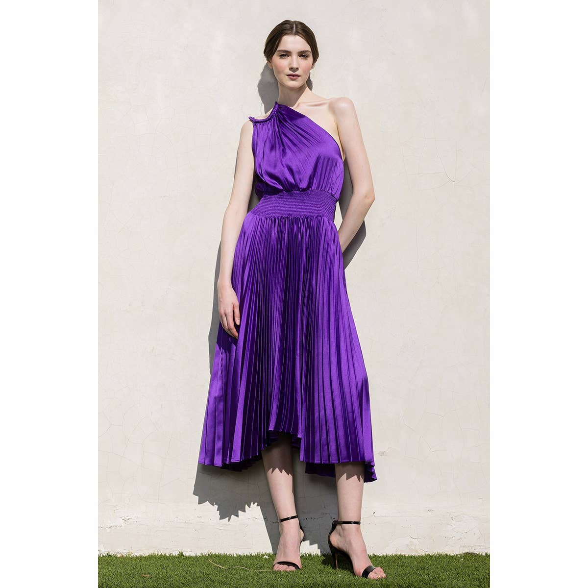 INA - Wholesale Dress - Women's - One-Shoulder Double Strap Pleated Satin Dress11