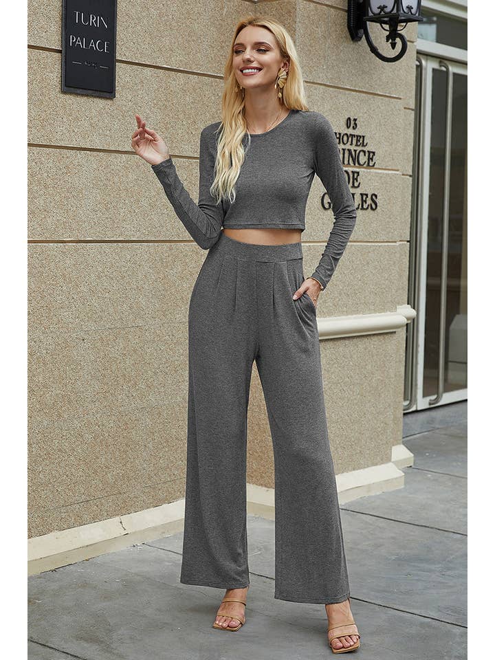 Supreme Fashion - Wholesale Top & Pant Set (NOT Loungewear) - Women's - Two Pieces Crew Neck Solid Pockets Fit Set1