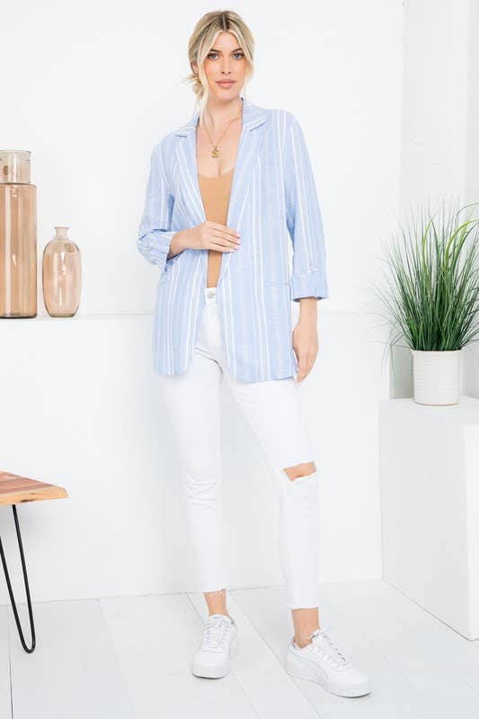 26 International - Wholesale Blazer - Women's - Linen Blend Stripe Roll Up Blazer4