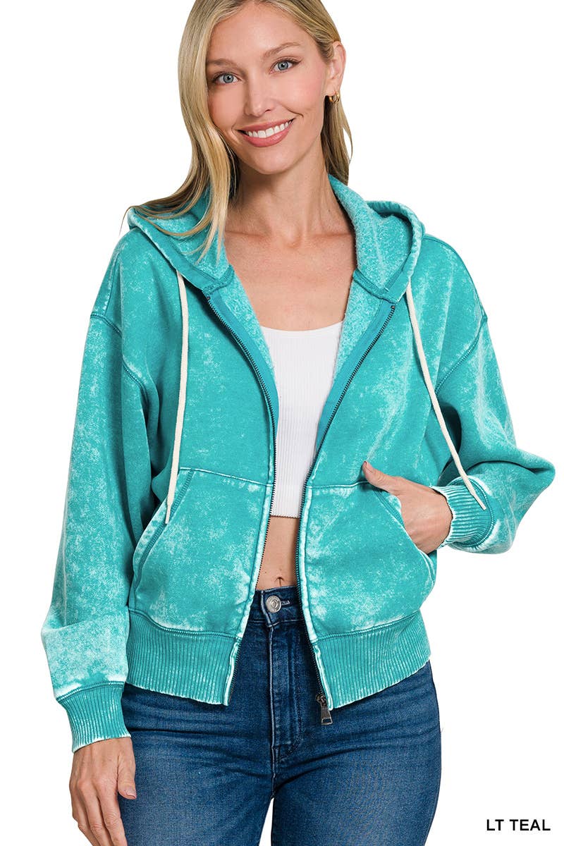 42POPS - Vente Sweat à capuche – femme - ..SI-25313 Sweat à capuche zippé court en molleton délavé à l'acide12