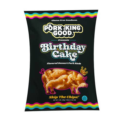 Pork King Good Birthday Cake Flavored Pork Rinds 3oz for wholesale by Pork King Good