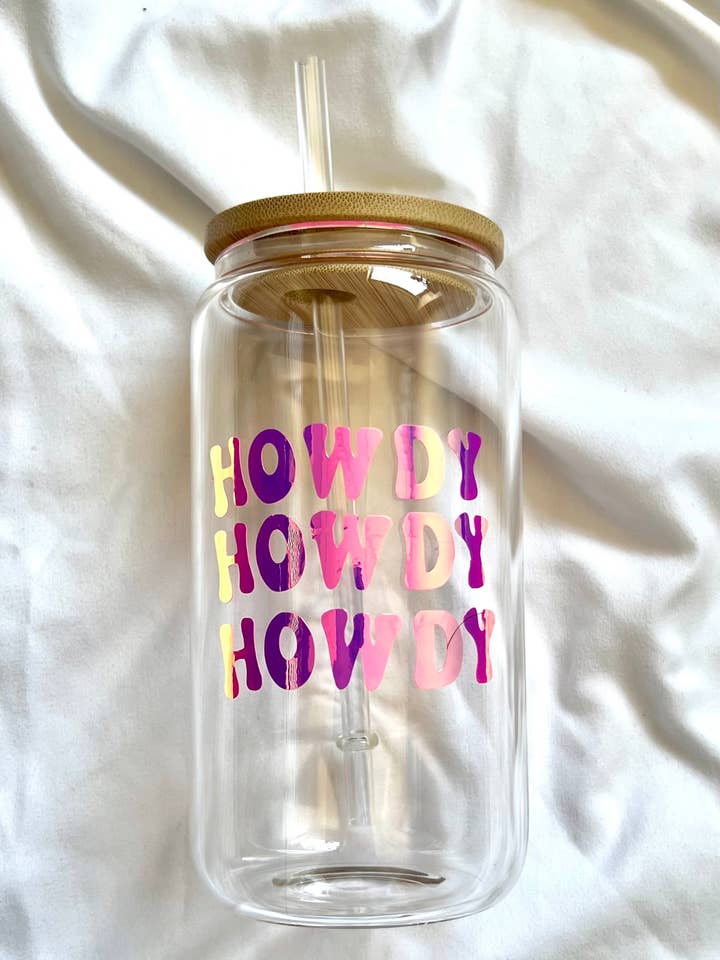 12oz Howdy glass cup w/ lid for wholesale by Honey Rose Collective