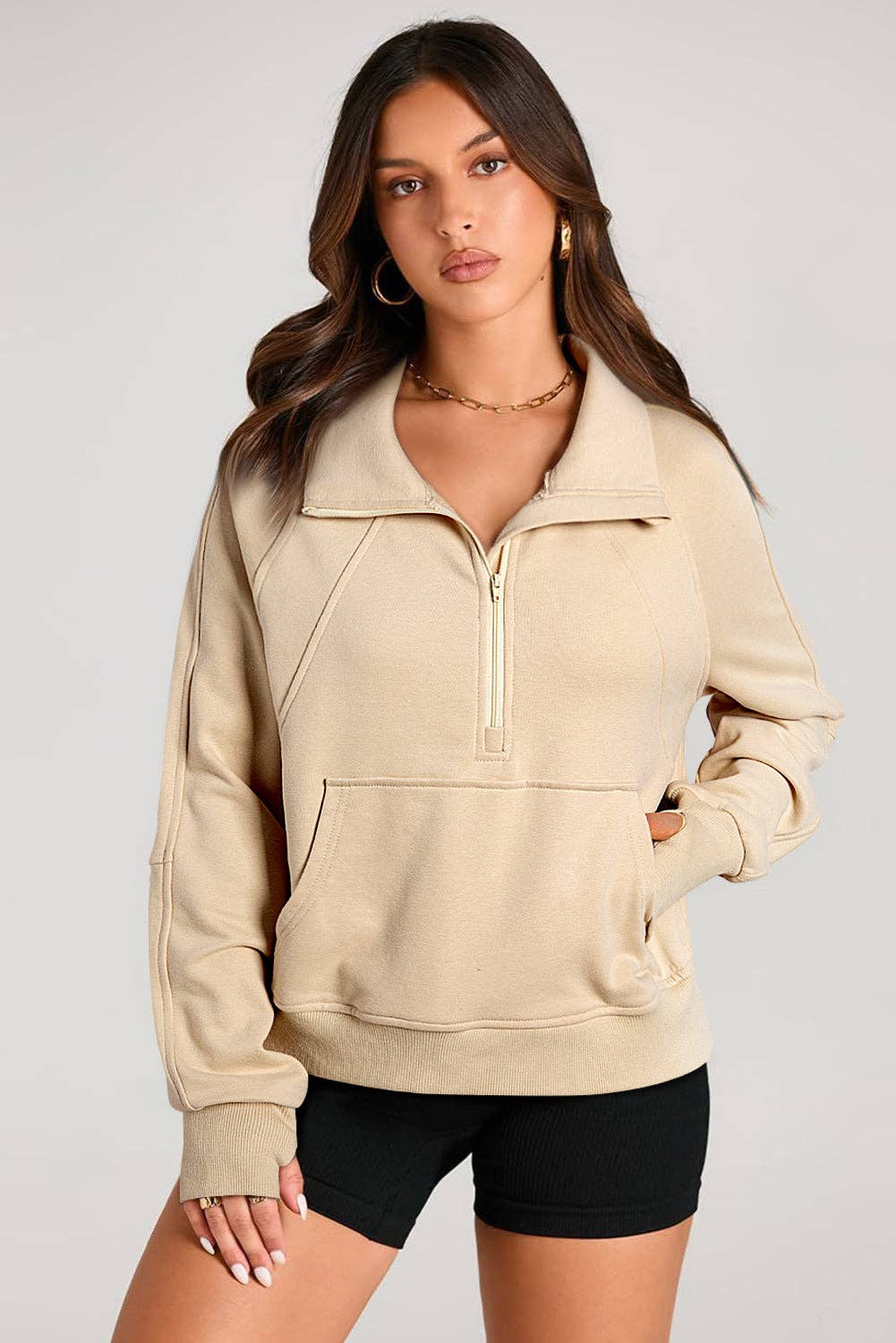 Lovesoft - Wholesale Sweatshirt - Women's - Solid Color Quarter Zip Stand Neck Kangaroo Pocket Sweatshirt10