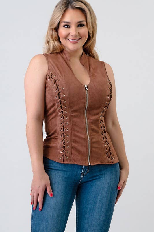 Lydia USA - Wholesale Blouse - Women's - Front Lace Up Back Cut Out Detail Suede Plus Top4