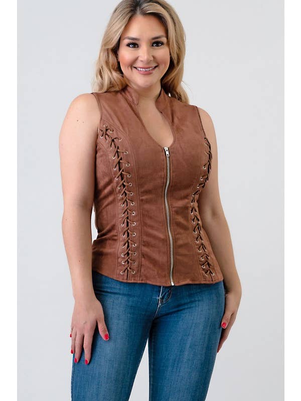 Lydia USA - Wholesale Blouse - Women's - Front Lace Up Back Cut Out Detail Suede Plus Top4