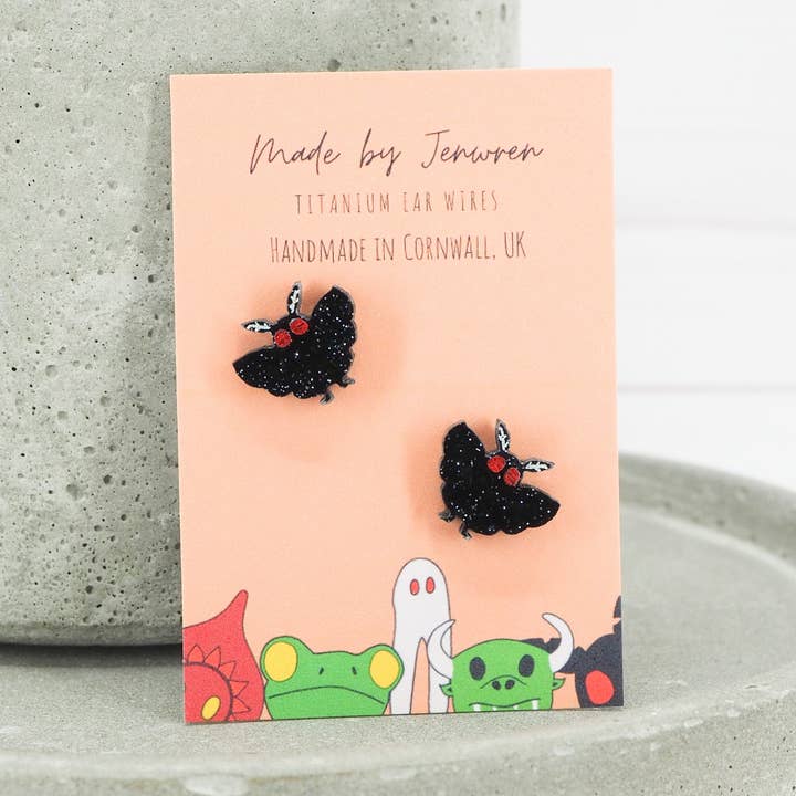 Mothman Black glitter studs for wholesale by MadebyJenWren