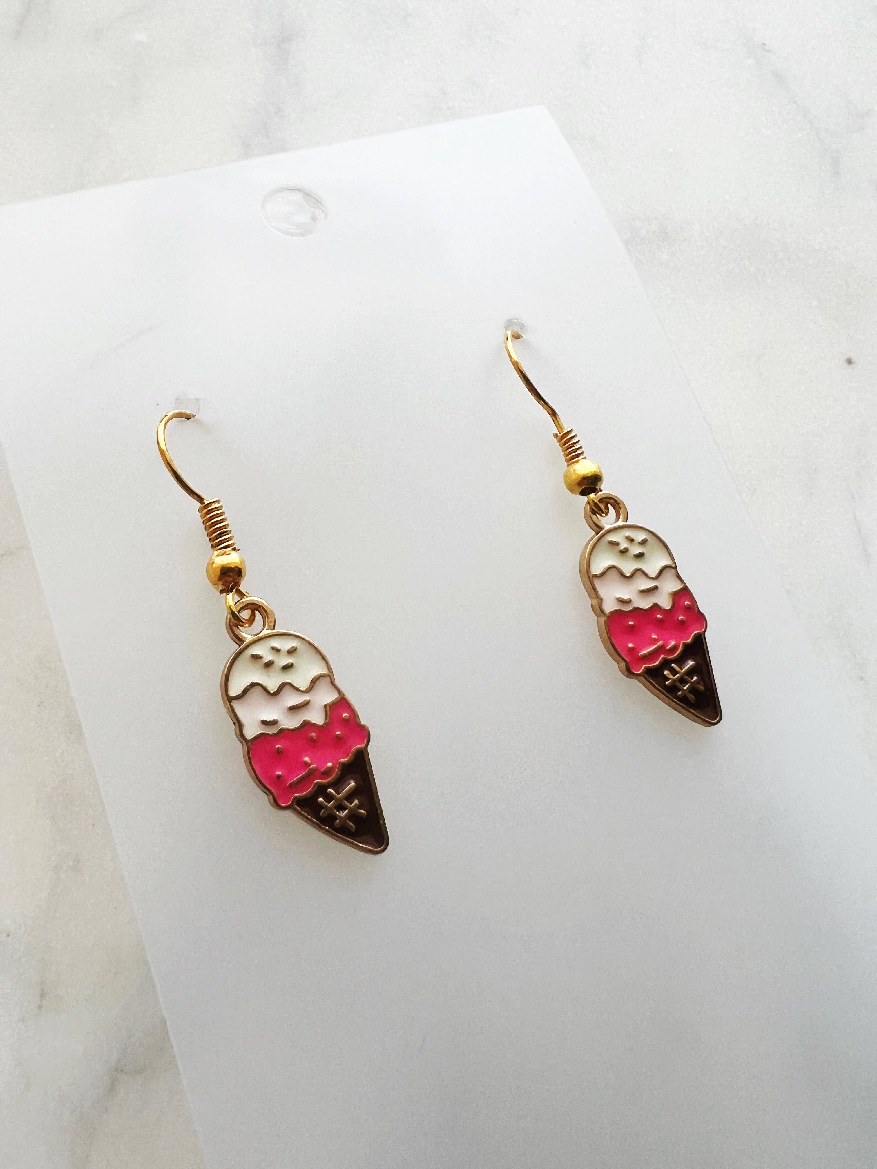 Carmen Miller Jewellery - Wholesale Dangle earrings - Kawaii Enamel Pink Ice Cream Cone Dangle Earrings2