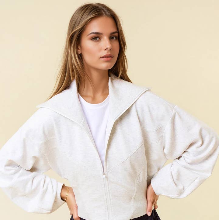 Doe and Rae - Wholesale Jacket - Women's - Fleece Front Contrast Zip-Up Crop Jacket - 10614J0