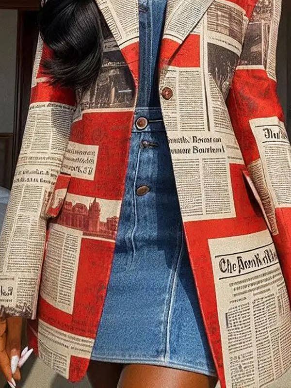 RED WHITE Long Sleeves Jacket Loose Buttoned Newspaper Print Pockets Split-Joint Notched Collar Blazer Outerwear for wholesale on Faire