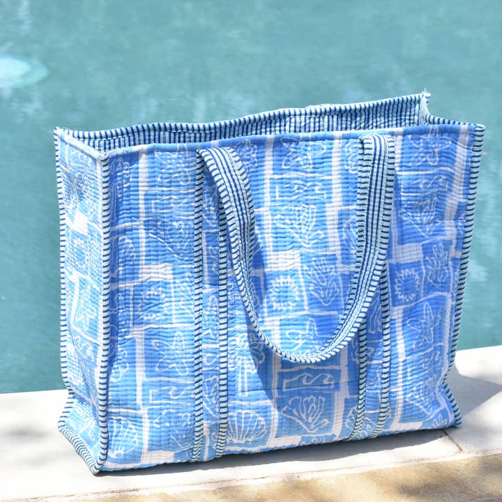 Quilted Cotton Tote Bag – Ocean Stamps Block Print for wholesale by House of Alaan