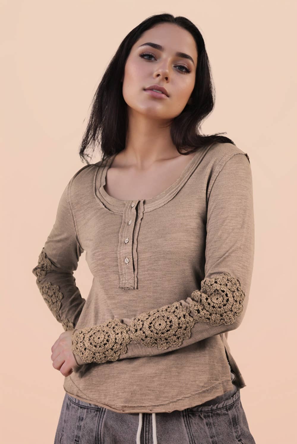 VERY J - Wholesale Knit Top - Women's - NT12252-Sleeve Lace Trim Solid Knit Top13