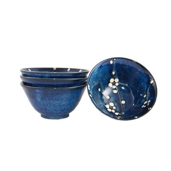 Maison jiki – Prato/tigela decorativa por atacado – Conjunto de 4 tigelas azul-escuro com desenho de flor de cerejeira
