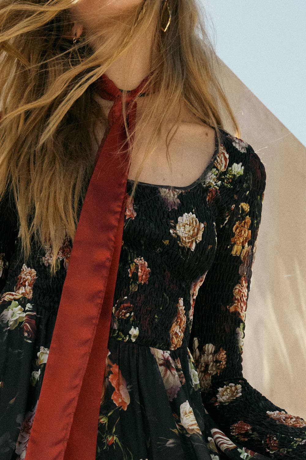 BLACK Floral-Print Mesh Smocked Long-Sleeve Maxi Dress for wholesale on Faire1