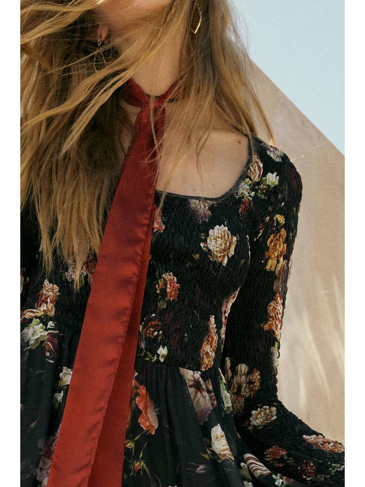 BLACK Floral-Print Mesh Smocked Long-Sleeve Maxi Dress for wholesale on Faire1