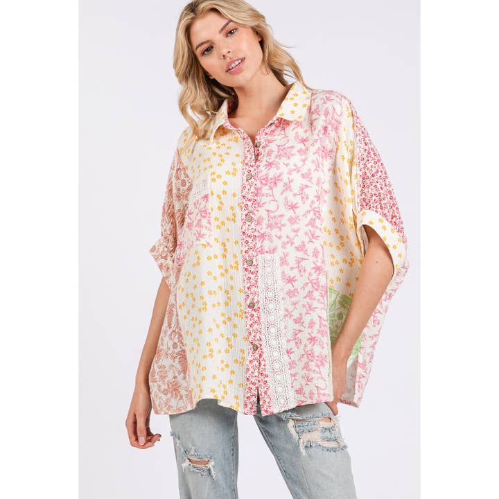 PINK MIX PATCHWORK FLORAL OVERSIZED SHIRT (ST7687) for wholesale on Faire