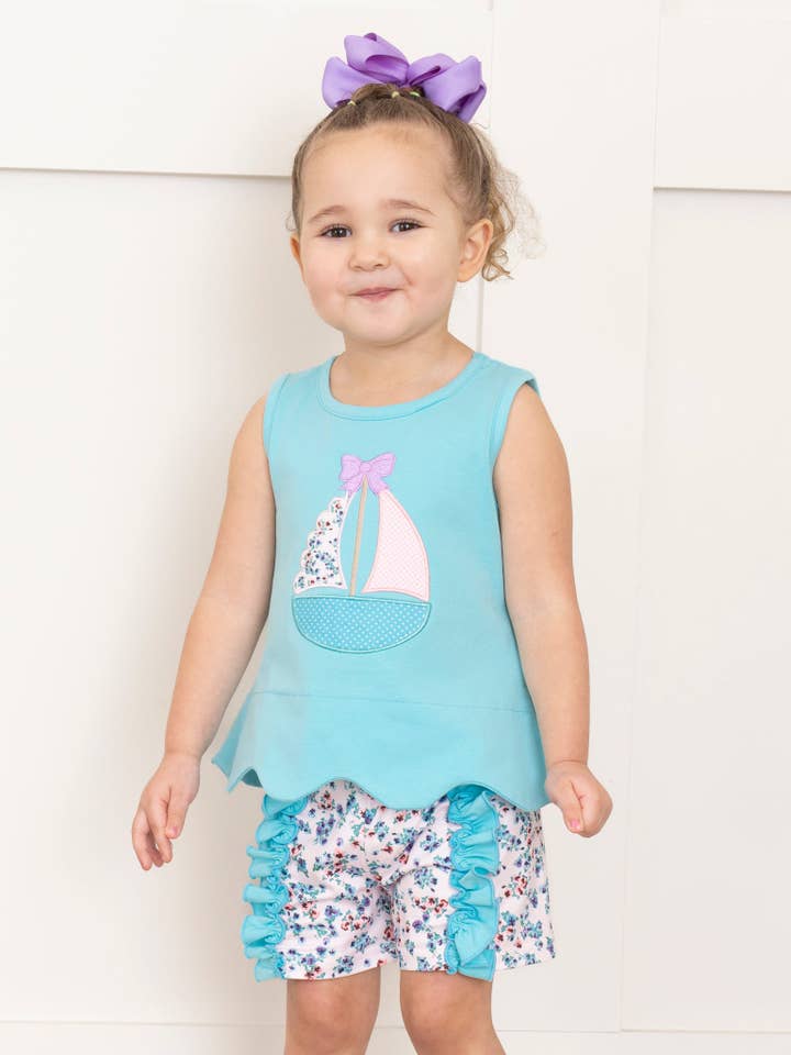 Marie Nicole Clothing - Wholesale Top & Short Set - Kids - Embroidered Sail Boats Floral Ruffle Outfit4