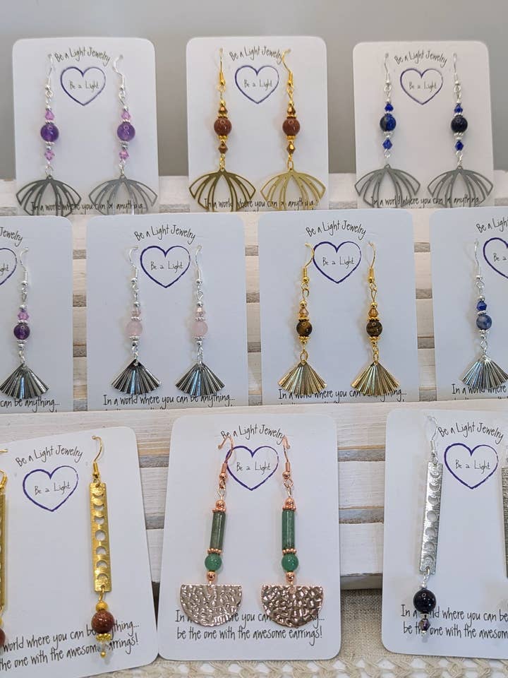 Gemstone earrings, lovely settings, spiritual, holistic for wholesale by Be a Light Jewelry