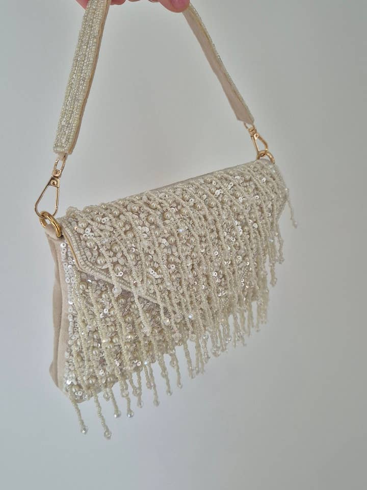 Handbag Beaded Tassel Drop Pearl Classic White Bag for wholesale by Melci Studio