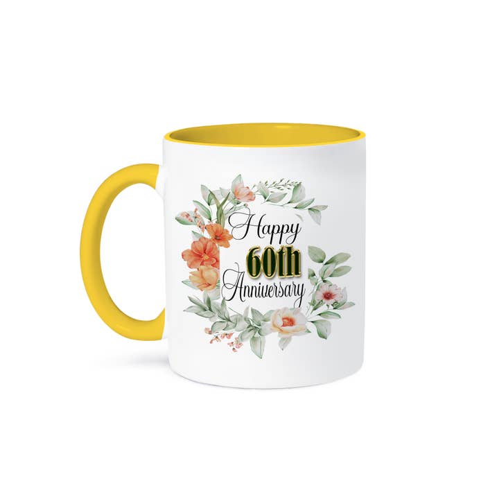3dRose - Wholesale Coffee Mug - 3dRose, Happy 60th Anniversary Pretty Orange Flowers and Leaves, Mug