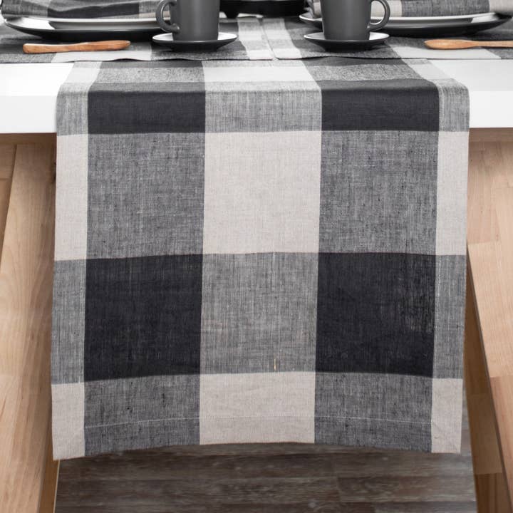 Black and Natural Buffalo Check Linen Table Runner for wholesale by D'Moksha