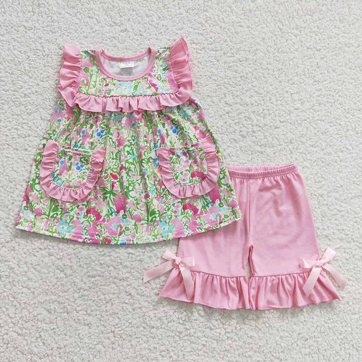 Ensembles de vêtements à fleurs roses et vertes pour petites filles pour la vente par Aier Wholesale