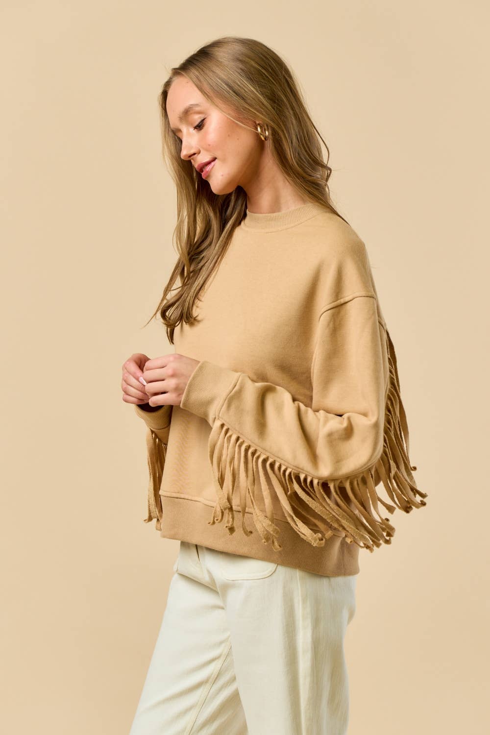 LT TAUPE ILT6356 Crew Neck Long Sleeve French Terry Top with Fringe for wholesale on Faire3