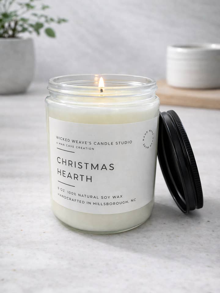 Christmas Hearth Soy Wax Candle (4 Size Options) for wholesale by Wicked Weave’s Candle Studio