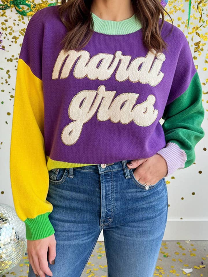Fashion Colorblock Fuzzy Mardi Gras Sweater for wholesale by fashionworks