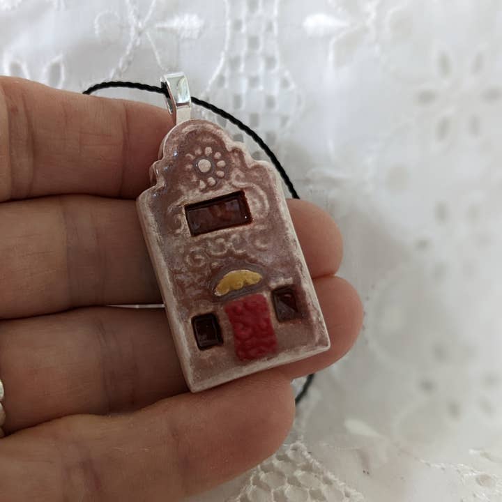 Miniature ceramic house pendant brown with embossed daisy for wholesale by CurlyFernCeramics