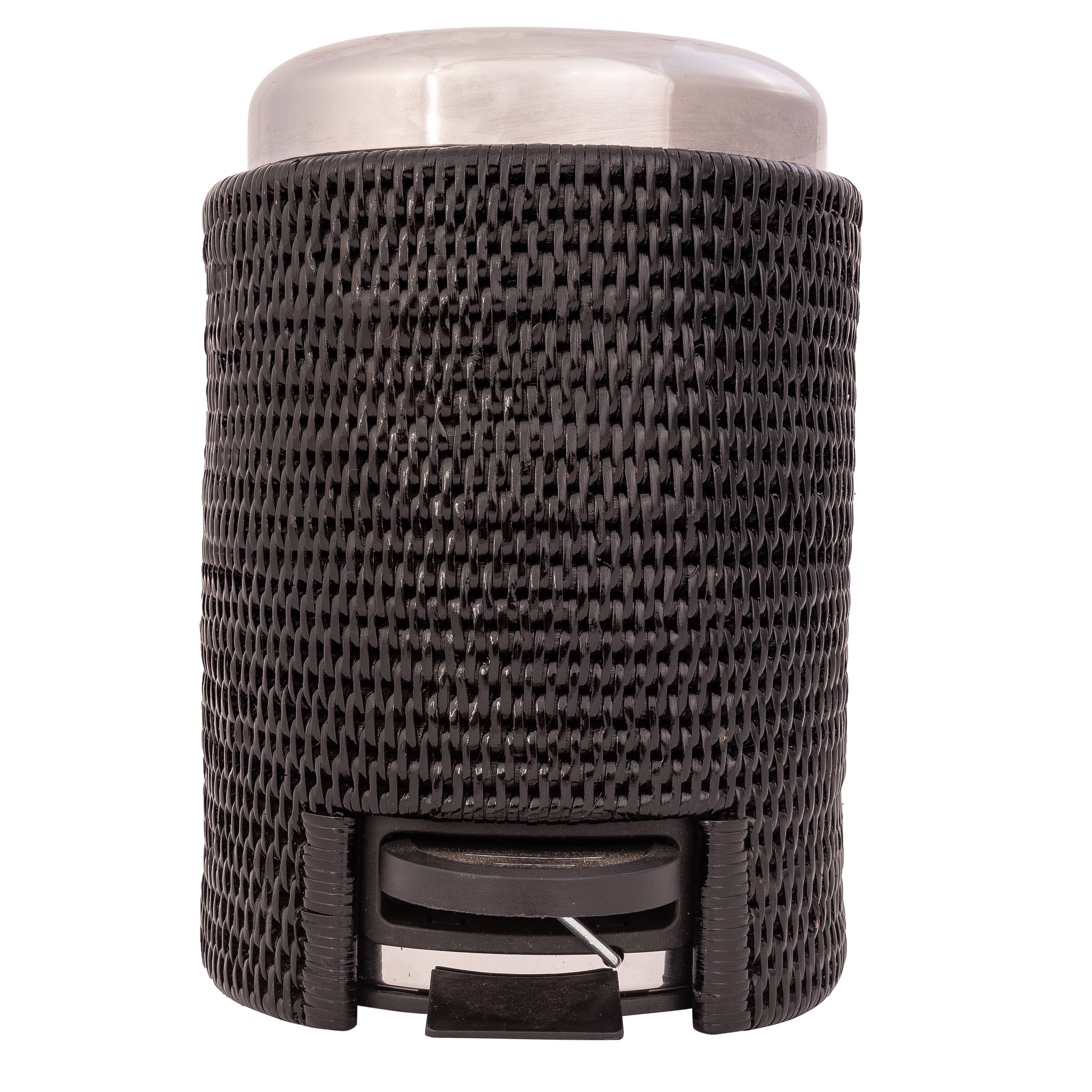 Tudor Black Rattan Round Waste Basket with Stainless Steel Lid for wholesale on Faire2