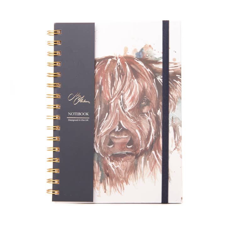 'The Hebrides' Highland Cow Watercolour Design A5 Notebook for wholesale by Meg Hawkins Art