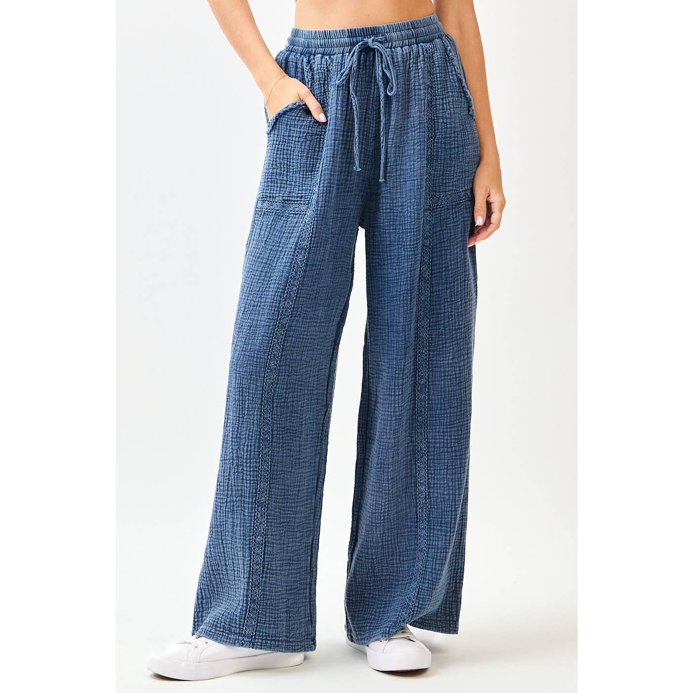 mittoshop - Wholesale Pants - Women's - LACE TRIM DETAIL ELASTIC WAIST COTTON GAUZE PANTS1