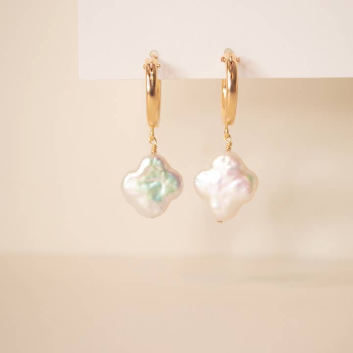 Clover pearl hoops for wholesale by Syd Squared Jewelry