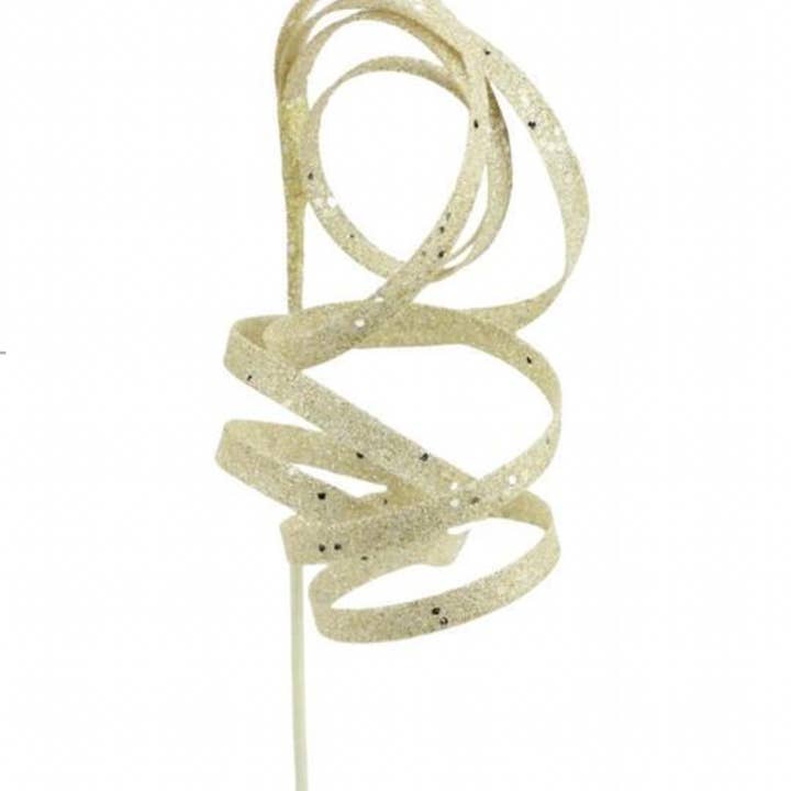 Christmas Carousel Collection - 23.5"L CURLY GLITTER RIBBON PICK IVORY/GOLD for wholesale by Dunn Deals